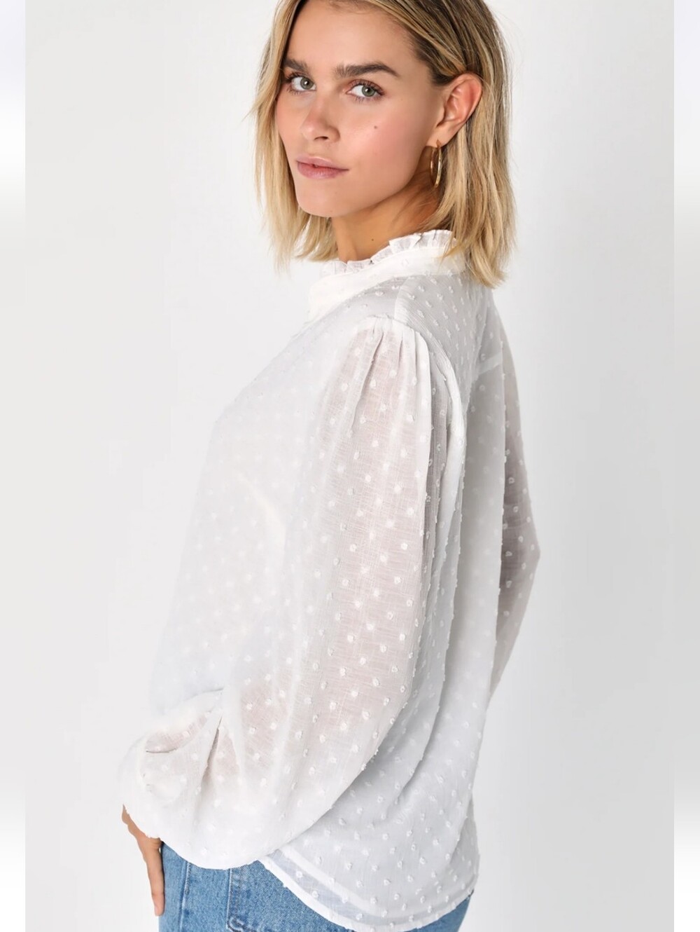 White Swiss Dot Ruffled V-Neck Button Down Blouse - Picture 3 of 7